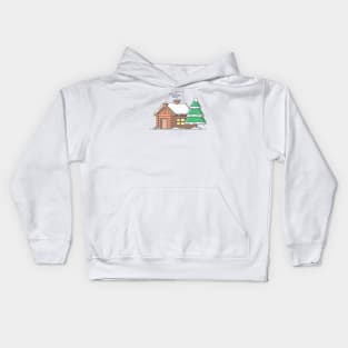 Snow cabin in winter cartoon Kids Hoodie